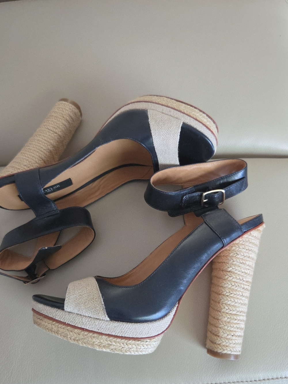 Ann Taylor Blue / Beige Leather and Natural Rope Platform Slingbacks Size 8M